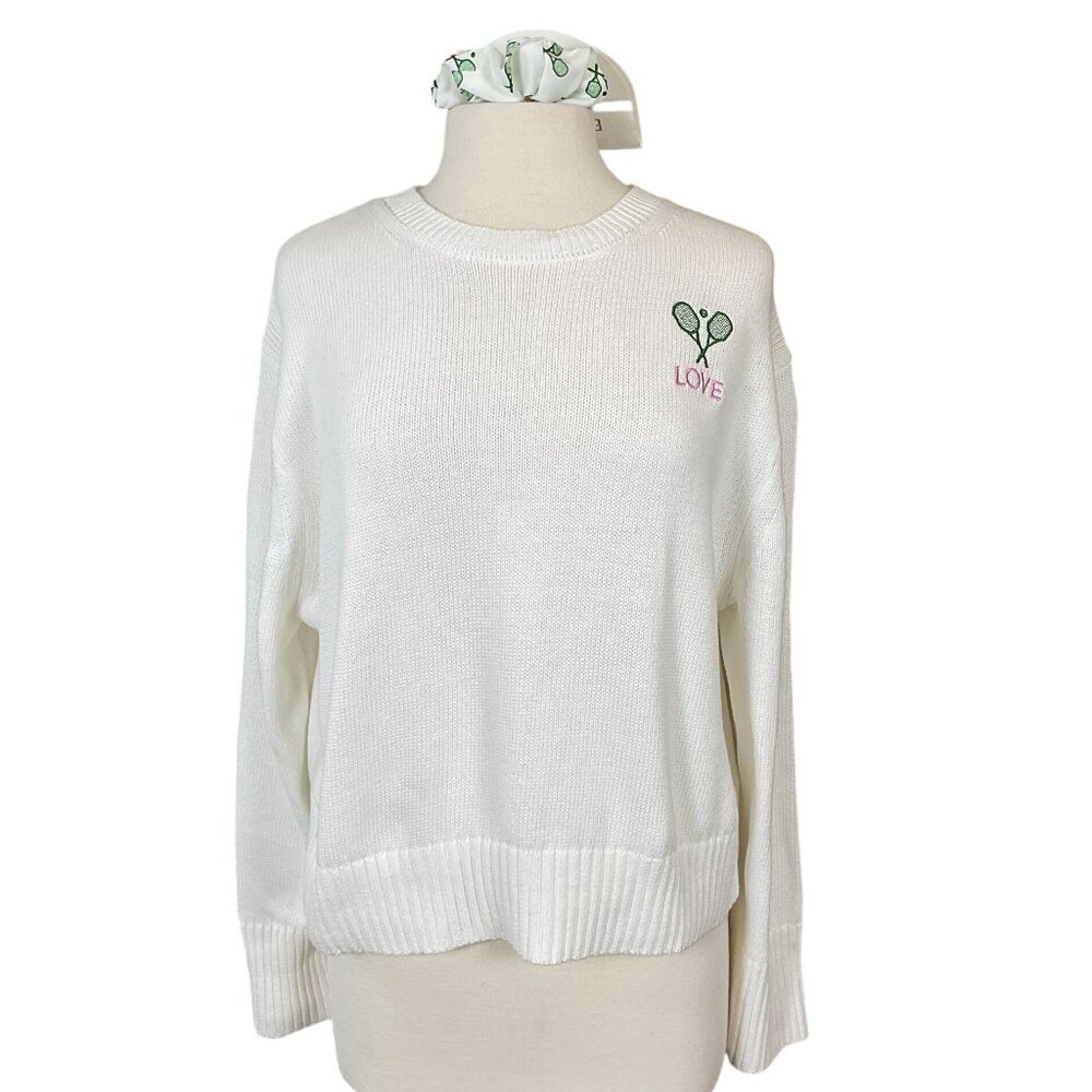 BRIT.NY White Cotton LS Sweater Embroidered Pickleball/Tennis & Scrunchie L NWT